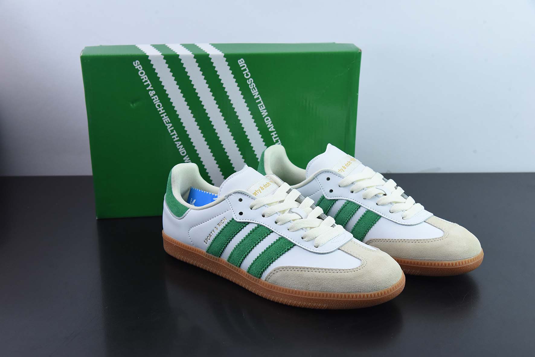 스포티 & 리치 x 아디다스 오리지널스 삼바 OG 삼바 시리즈 신사 독일 트레이닝 축구 가죽 보드 슈즈 화이트 화이트 그린 라이트 그레이 그레이 생고무 솔 HQ6075 사이즈: 36-45