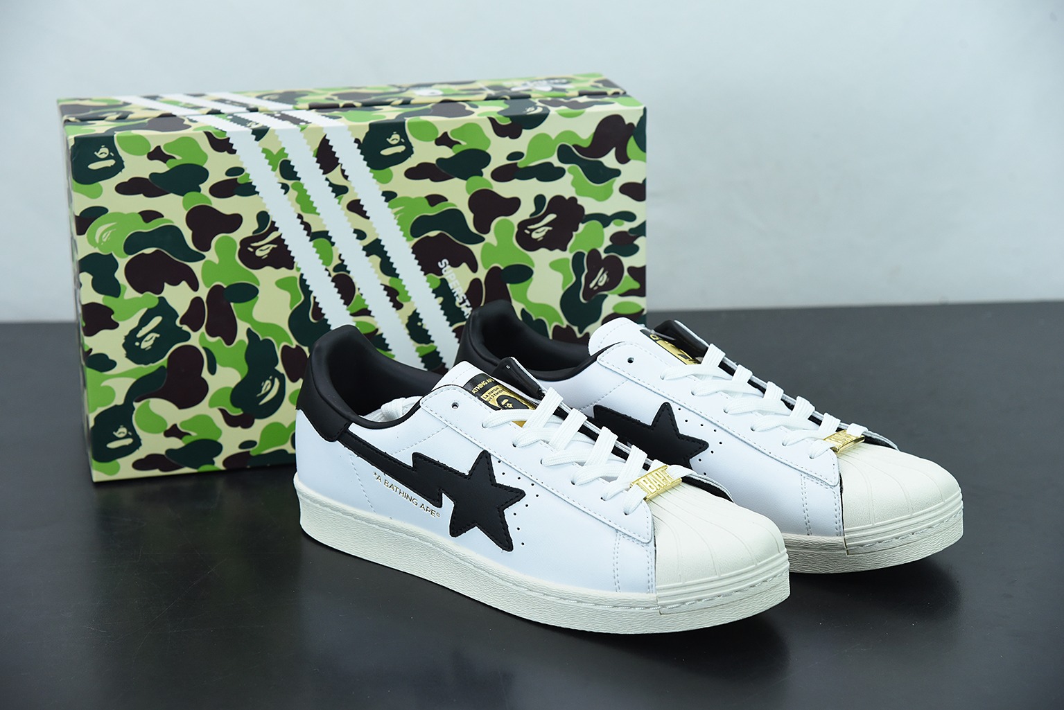 아디다스 에이프 공동 브랜드 쉘 헤드 풀 헤드 레이어 캐주얼 스니커즈 BAPE x 애드 슈퍼스타 80년대 GZ8980 사이즈: 36-45