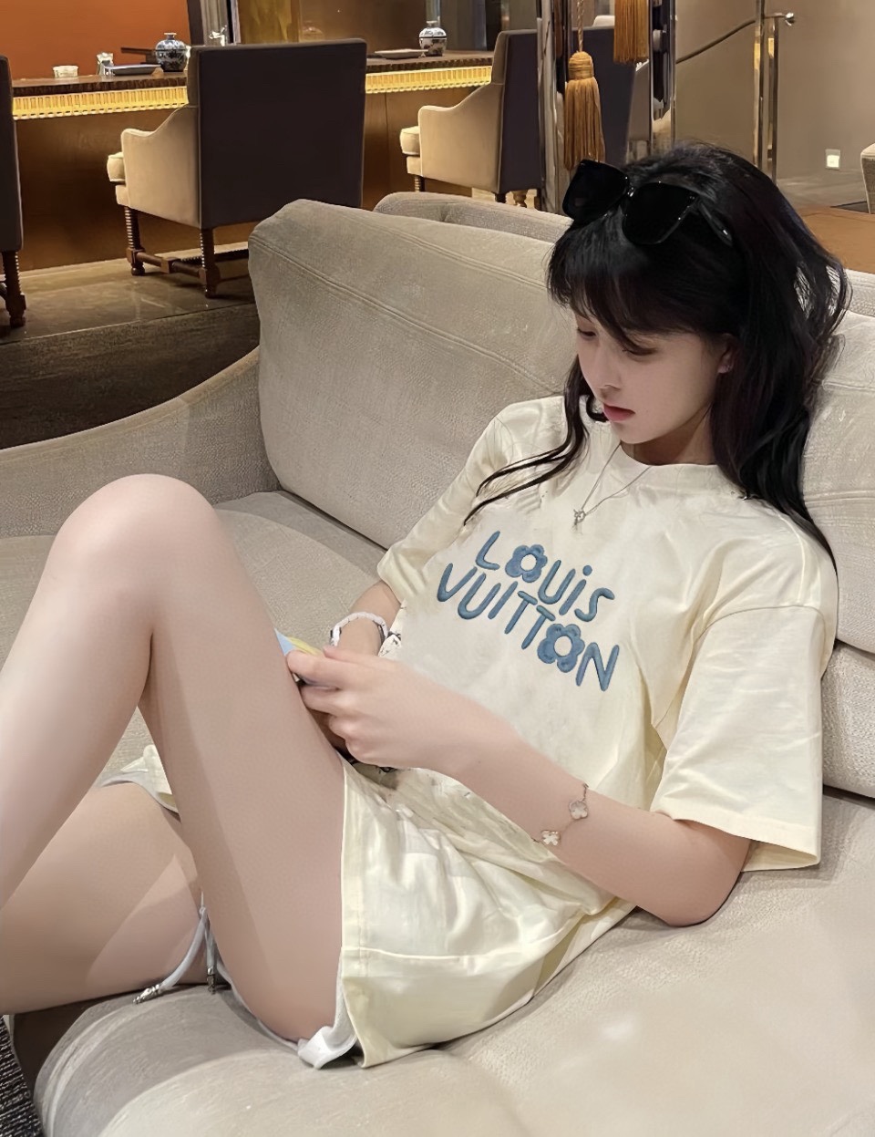 루이 비통/루이 비통 24SS 자수 레터 반소매 스몰 블루 플라워