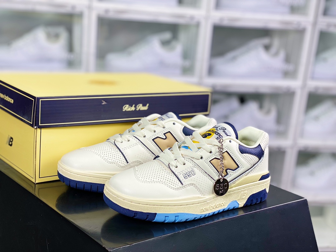 리치 폴 x NB BB550 시리즈 클래식 레트로 로우탑 캐주얼 스포츠 농구 보드 슈즈 레더 베이지 네이비 라이트 옐로우 BB550R 