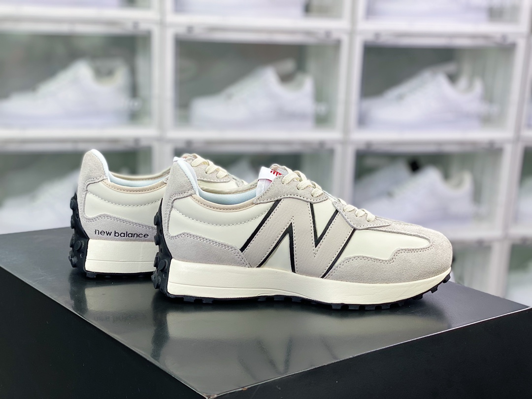 뉴발란스 MS327 로우탑 레트로 캐주얼 스포츠 조거 화이트와 블랙 트리밍 가죽 라이트 그레이 MS327RF1 
