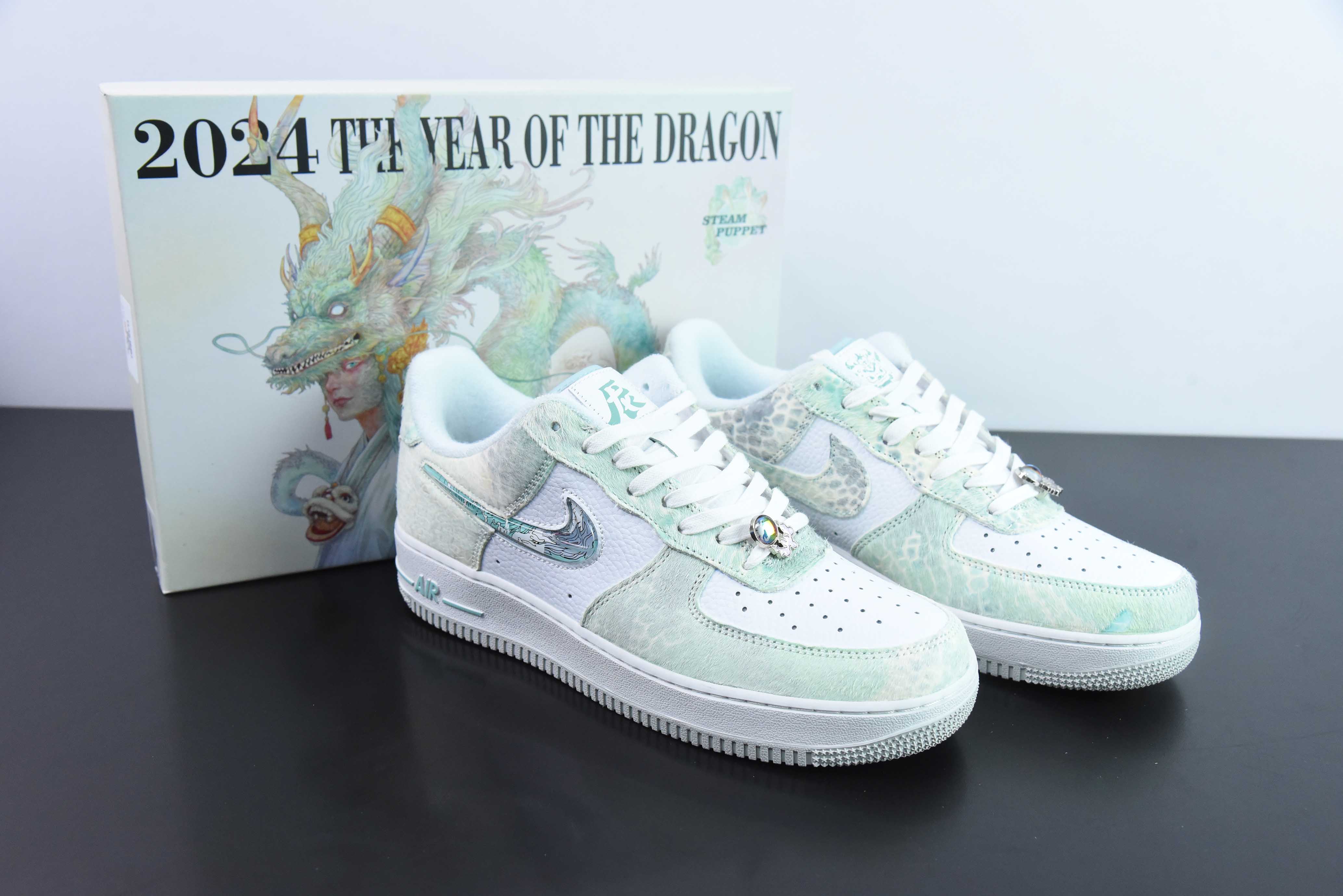 나이키 에어 포스 1 07 로우 에어 포스 원 로우 탑 백 캐주얼 스니커즈 스팀 인형 CNY 용의 해 한정 드래곤 씨 드래곤 팰리스 제 3 왕자 화이트 그린 FA1232-001 사이즈: 36-46