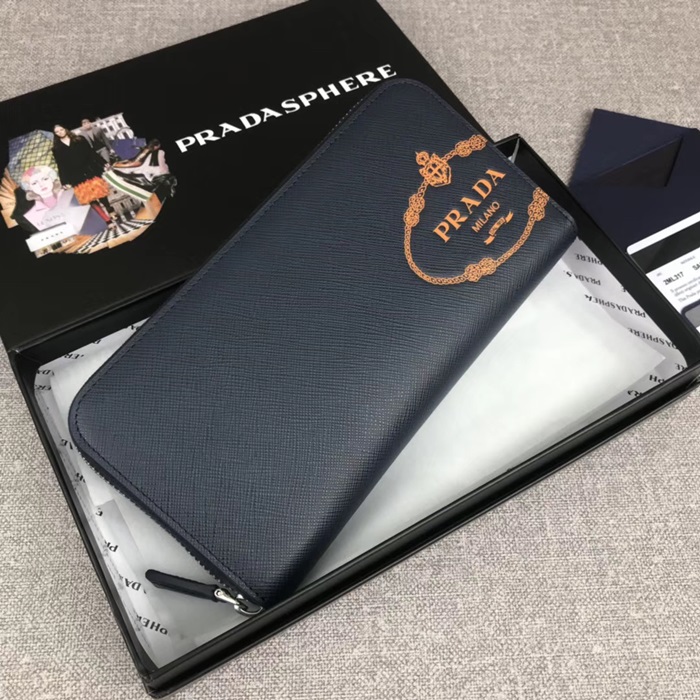 Prada Saffiano Mens Zip Round Wallet, 2ML317 - 프라다 2020 사피아노 지퍼 라운드 장지갑,PRAW0152,20CM.화이트,네이비